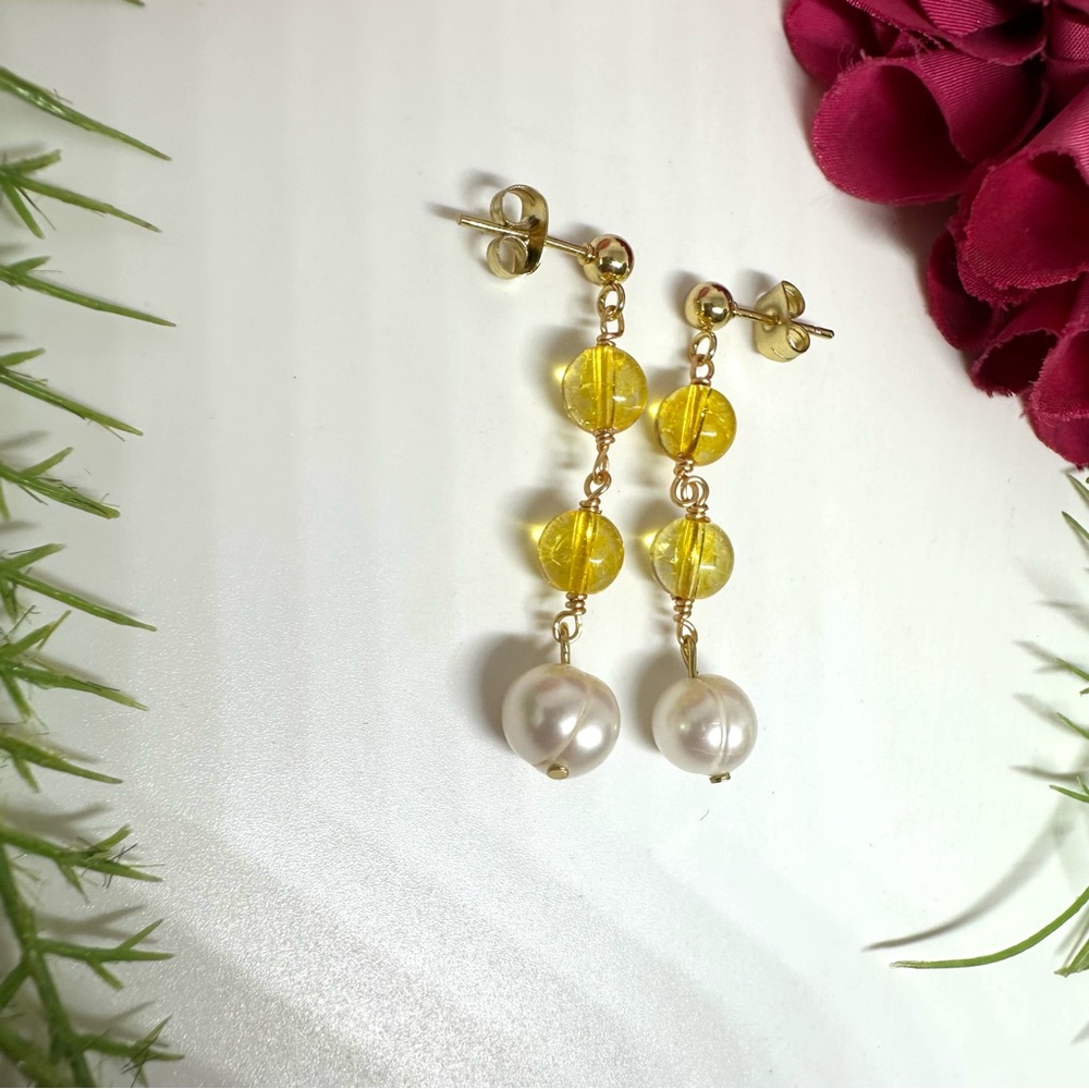 NEW⚜️Citrine & Freshwater Pearl Dangly Earrings - Picture 2 of 5